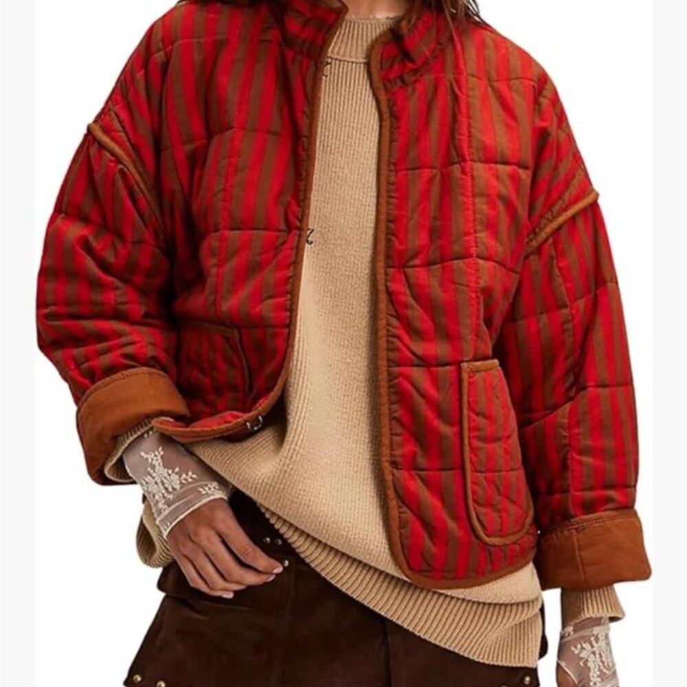 Free People Quilted Red and Brown Striped Puffer Jacket